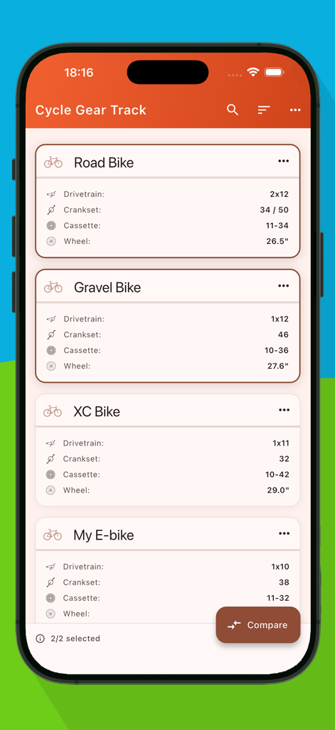 Cycle Gear Track app interface showing a list of bicycle drivetrain configurations like Road and Gravel bikes for comparison.