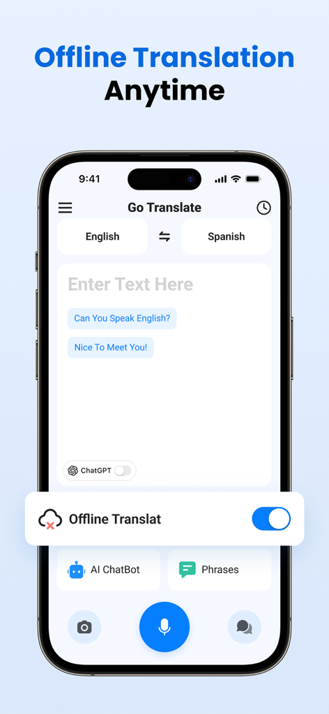 Interfaccia dell'app Go Translate che mostra l'interruttore della traduzione offline e le opzioni di testo dall'inglese allo spagnolo