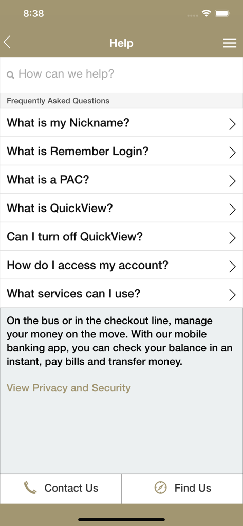 Pagina di aiuto e FAQ dell'applicazione di mobile banking BlueShore Financial