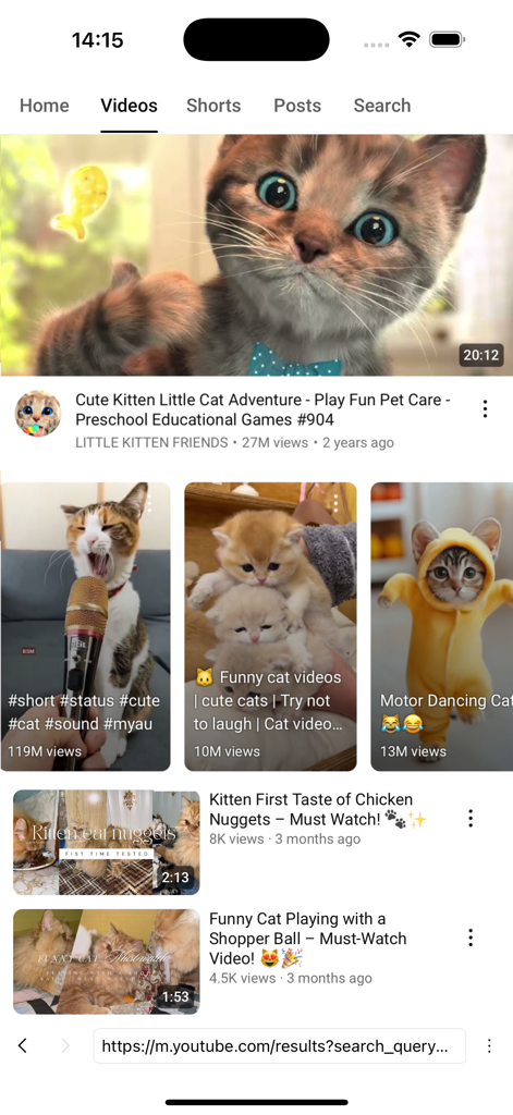 Interfaz de la aplicación GreenTuber mostrando resultados de búsqueda de vídeos de gatitos en un navegador móvil