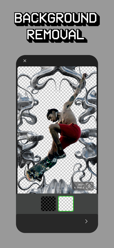 Glitché: Digital Art - Background removal feature in the Glitche app showing a skateboarder and metallic digital art effects