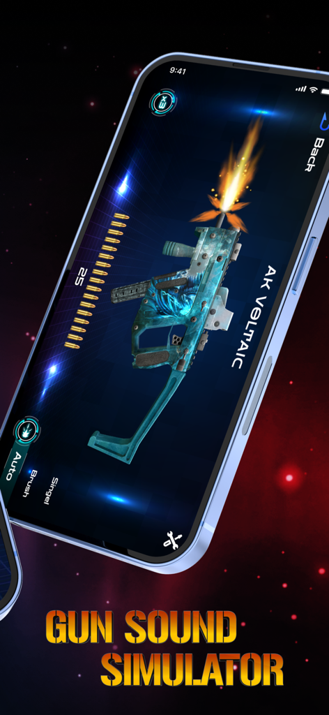 Mobile screen showing AK Voltaic gun skin firing in the Gun Sound Simulator app