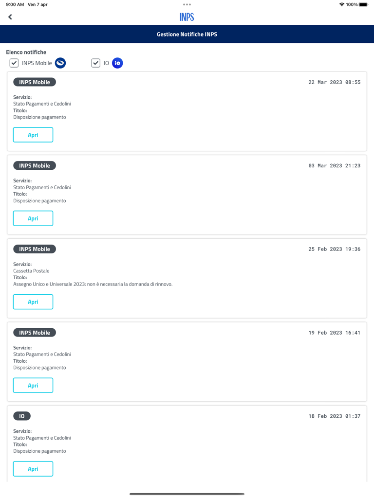 INPS mobile per Tablet - 최근 알림 및 업데이트 목록을 보여주는 태블릿용 INPS 모바일 앱의 알림 관리 화면