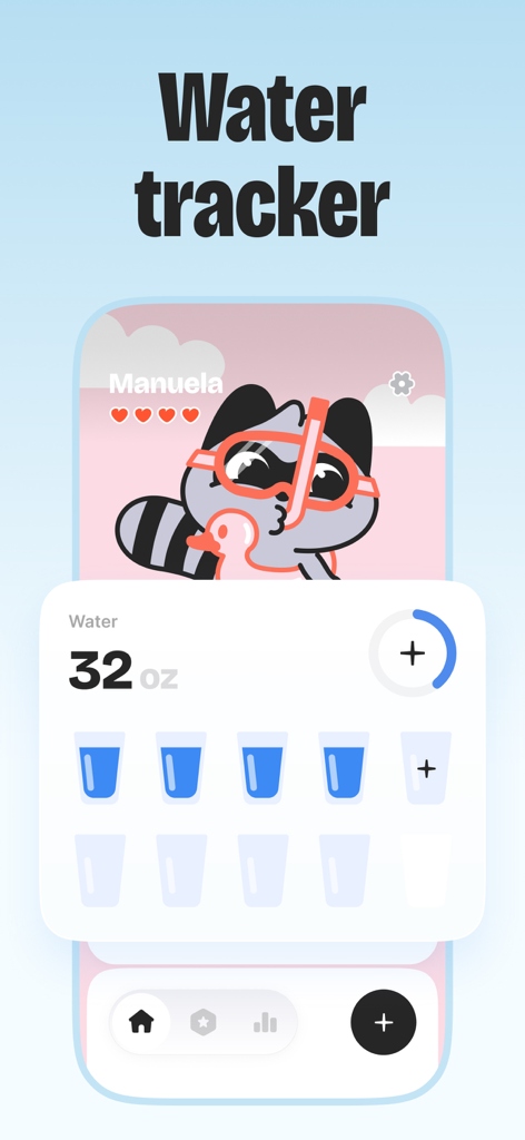 BitePal water tracker interface featuring a cute raccoon pet wearing a snorkel mask
