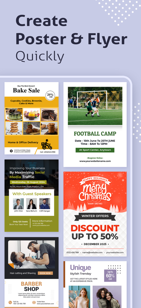 Poster Maker, Flyer Maker - A variety of professional flyer and poster templates for small businesses including bake sales, football camps, and holiday discounts.