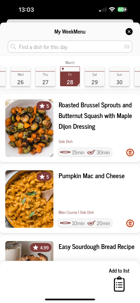 Little Spoon Farm app screen showing a weekly menu planner with healthy recipes and sourdough bread options