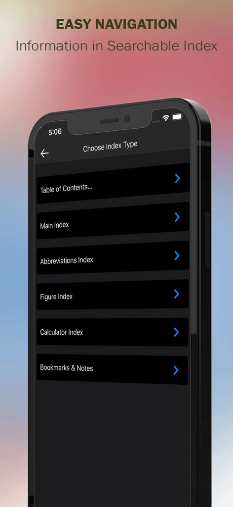 Mosbys Nursing Drug Reference app showing the searchable index menu with categories like main index and calculator index