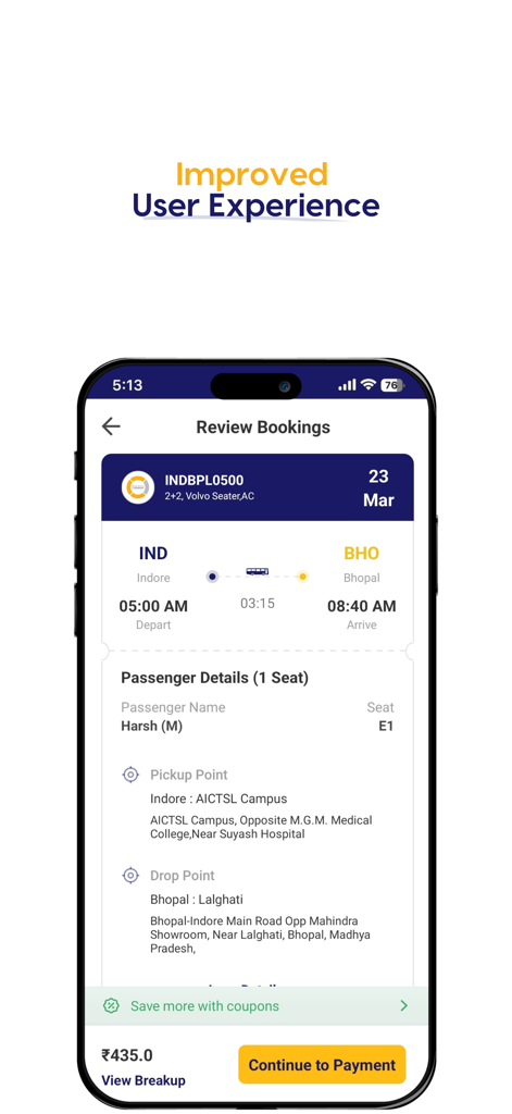 Chartered Bus - Mobile screen of the Chartered Bus app displaying a booking review for a trip from Indore to Bhopal including passenger and pickup details