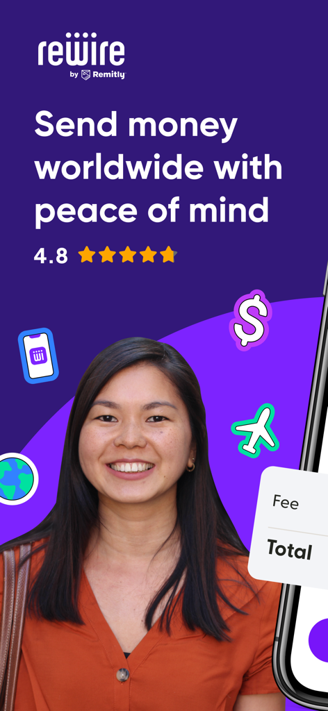 Promotional screen for Rewire money transfer app featuring a smiling woman and global icons