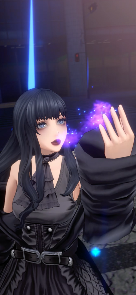 DISSIDIA DUELLUM FINAL FANTASY - A female Final Fantasy character in modern black streetwear using purple magic in a Tokyo setting