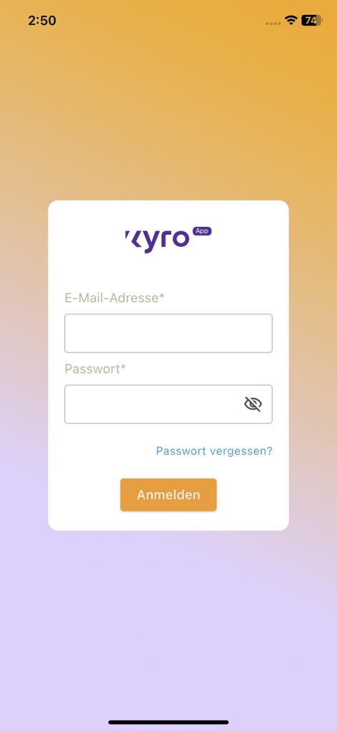 kyro App - Tela de login do kyro app com campos para e-mail e senha