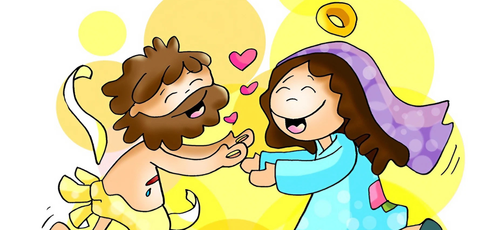 DiocesisMalaga - Religious cartoon by Fano showing two smiling figures with pink hearts