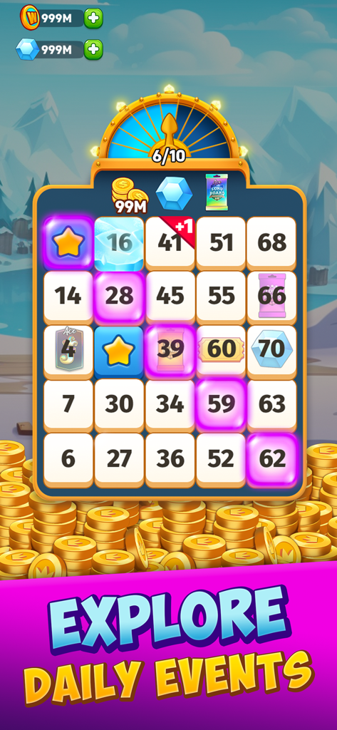 A daily event screen in Gin Rummy Stars featuring a bingo style number grid with rewards and gold coins.