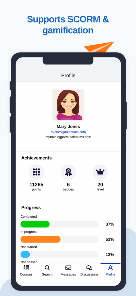 Página de perfil do aplicativo móvel TalentLMS mostrando elementos de gamificação, incluindo pontos, emblemas, níveis e barras de progresso de conclusão de curso.
