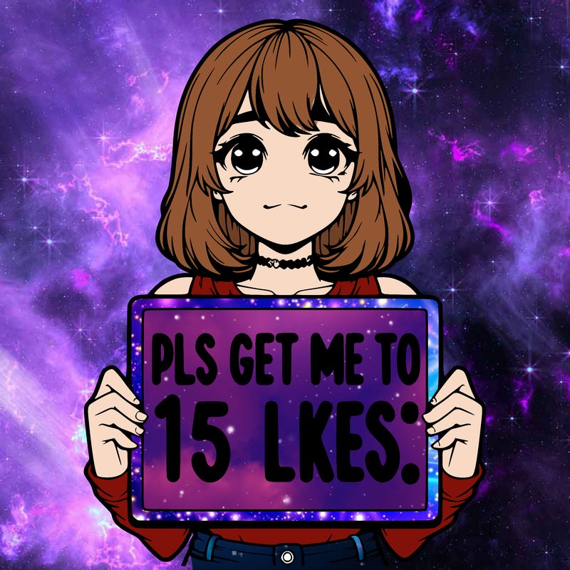 realistic girl holding up a sign that says “pls get me to 15 likes!”