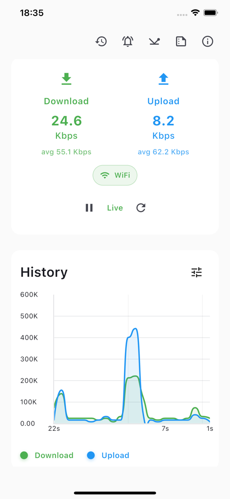 Interface of Network Monitor Pro showing live download and upload speeds with a historical performance graph on iOS.