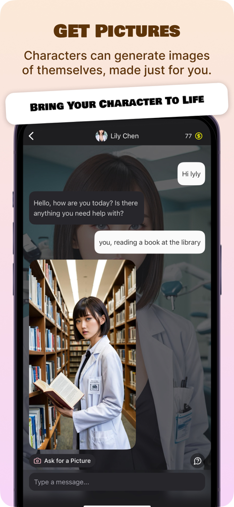 FunFun AI: AI Chat & Roleplay - Pantalla de chat de FunFun AI que muestra un personaje de IA generando una imagen personalizada de sí misma en una biblioteca según la solicitud de un usuario.