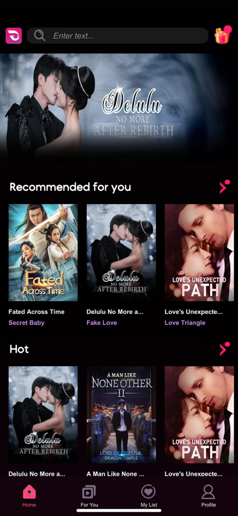 DramaShot - Watch short movies - Home screen of the DramaShot app showing a gallery of vertical short movies and dramas like Delulu No More After Rebirth and Fated Across Time