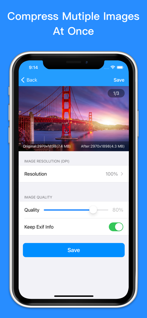 Photo Compress - Resize Image - Interface do aplicativo do iPhone para compactar várias fotos e ajustar a resolução da imagem