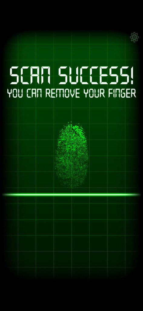 Fingerprint Scan Simulator - Ein grüner digitaler Gitterbildschirm, der einen erfolgreichen Fingerabdruckscan mit der Meldung 'Scan erfolgreich, Sie können den Finger entfernen' anzeigt
