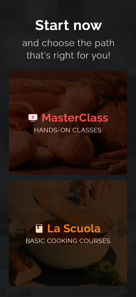 Selection screen for MasterClass hands-on classes and La Scuola basic cooking courses.