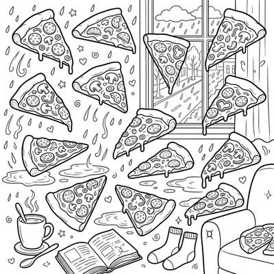 Escape the gloomy weather with our delightful 'Pizza Slices x Rainy Day' coloring page, perfect for a cozy indoor activity. Dive into a world of cheesy goodness and comforting vibes, ideal for all ages.