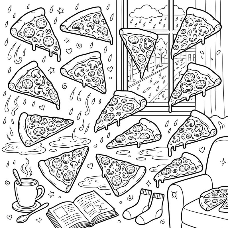 Escape the gloomy weather with our delightful 'Pizza Slices x Rainy Day' coloring page, perfect for a cozy indoor activity. Dive into a world of cheesy goodness and comforting vibes, ideal for all ages.