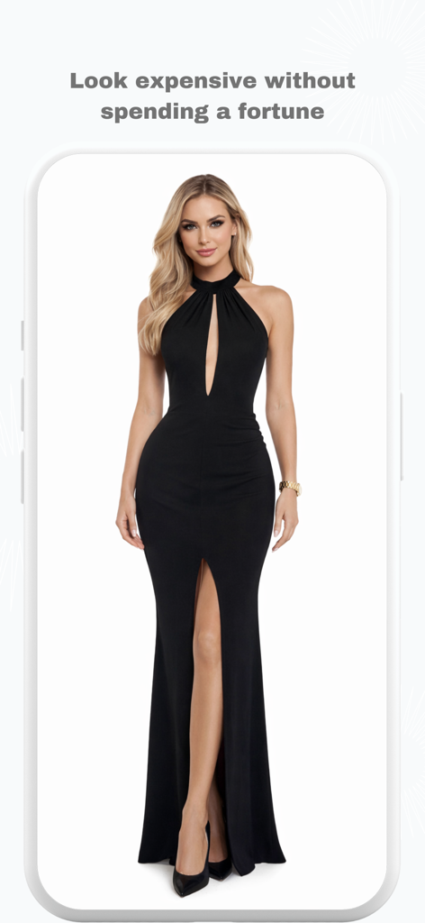 Mujer luciendo un elegante vestido largo negro de noche con escote tipo ojo de cerradura y abertura frontal.