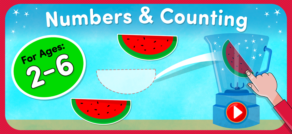 A toddler math game interface where a child drags watermelon slices into a blender to learn counting