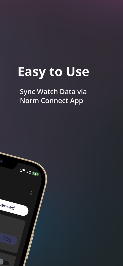NORM Connect - Smartphone screen showing NORM Connect app with text describing easy watch data synchronization.