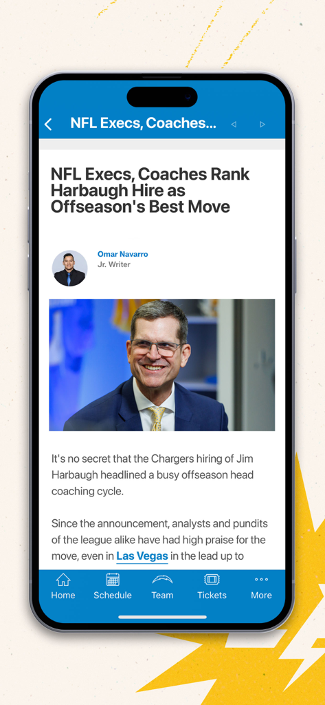 Los Angeles Chargers - News article about Jim Harbaugh on the Los Angeles Chargers official mobile app