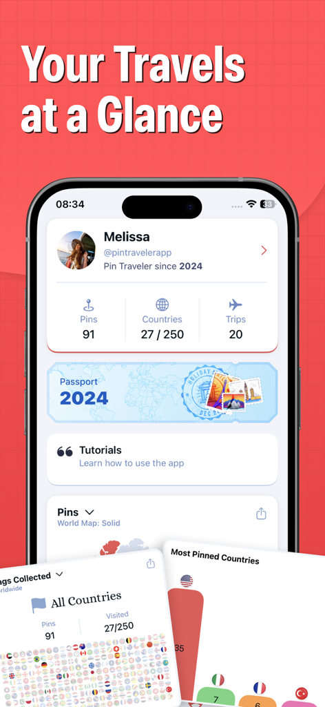 A mobile app interface for Pin Traveler showing a user profile with travel statistics, countries visited, and a digital passport summary.
