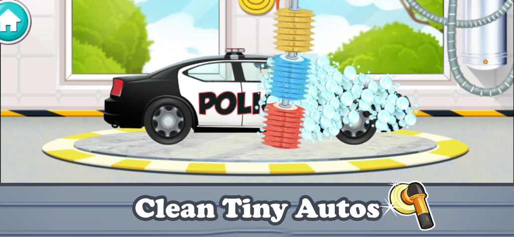 Car Wash Games: Little Carwash - Um carro de polícia sendo limpo com bolhas de sabão e uma escova giratória colorida no jogo Little Carwash
