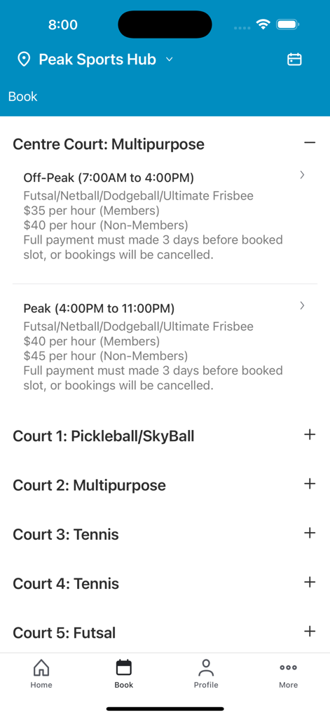 Peak Club - Interface of the Peak Club app for booking sports facilities like tennis and futsal courts