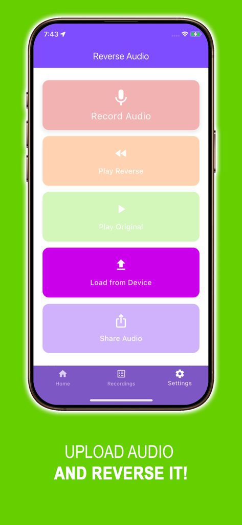 Reverse Singing Audio Trend - Main menu of the Reverse Singing Audio Trend app showing buttons for recording, playing in reverse, and uploading audio files.