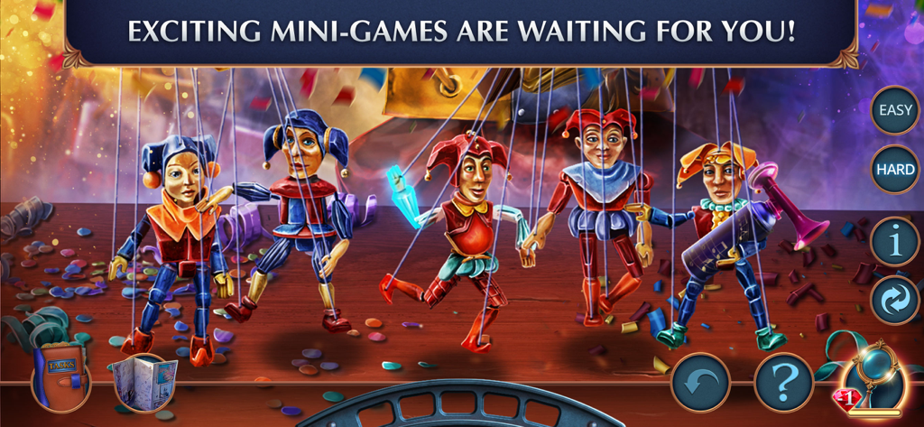 A puppet mini-game screen from Magic City Detective featuring five colorful marionettes on a stage
