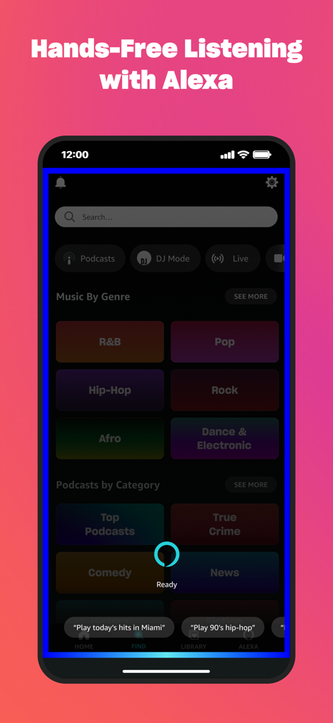 Amazon Music app showing hands-free listening with Alexa voice commands