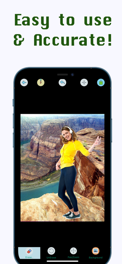 Interface d'application de retouche photo montrant une femme placée sur un arrière-plan de canyon avec des outils de précision.