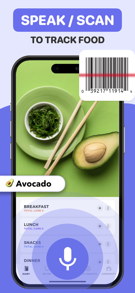 Keto Manager : Carb Diet App - Keto Manager app interface for voice and barcode scan food tracking