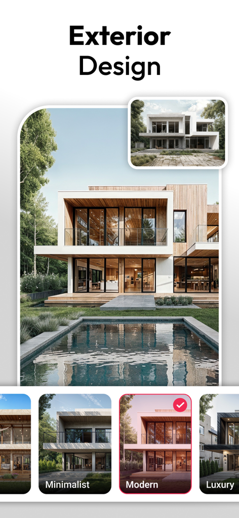 AI Interior Design - Interio - Interface do aplicativo de design de interiores com IA mostrando uma transformação externa de uma vila com opções de estilo como moderna e minimalista