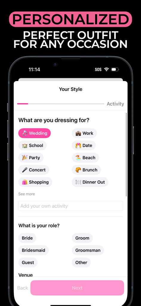 A mobile app screen titled Your Style showing options to select an occasion like a wedding or date and the user's role to generate a personalized outfit.