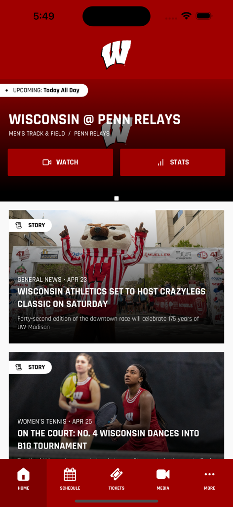 Official Wisconsin Badgers app home screen with sports news updates and mascot Bucky Badger