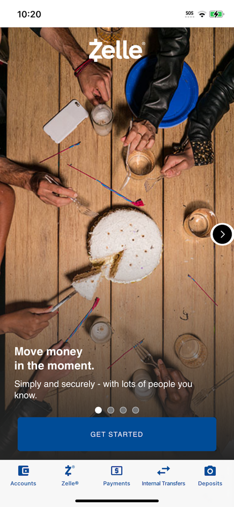 Ocean Bank mobile app screen featuring Zelle person to person payments for secure money transfers