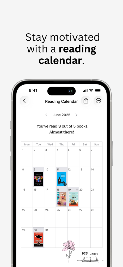 Calendrier de lecture dans l'application BookMiles montrant la progression mensuelle des livres et le suivi des pages lues.