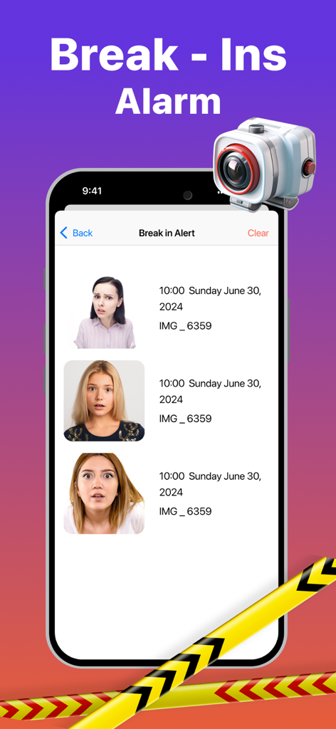 Dont Touch My Phone: Antitheft - Screenshot della funzione Allarme Violazioni che mostra foto di intrusi che hanno tentato di accedere al telefono con timestamp