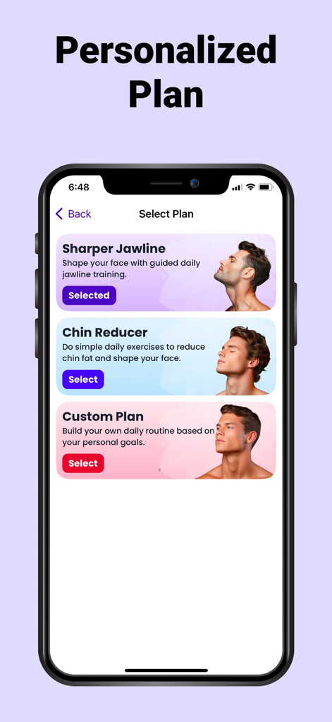 Interfaz de la aplicación que muestra planes personalizados de ejercicios faciales y de mandíbula para hombres.