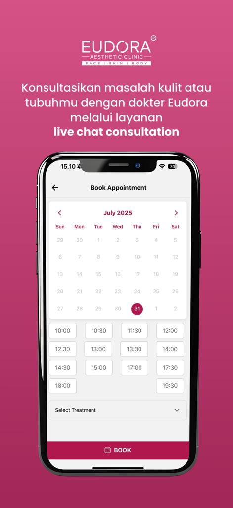 EUDORA AESTHETIC - Interface de l'application mobile Eudora Aesthetic montrant un écran de réservation de rendez-vous avec un calendrier et des créneaux horaires disponibles.
