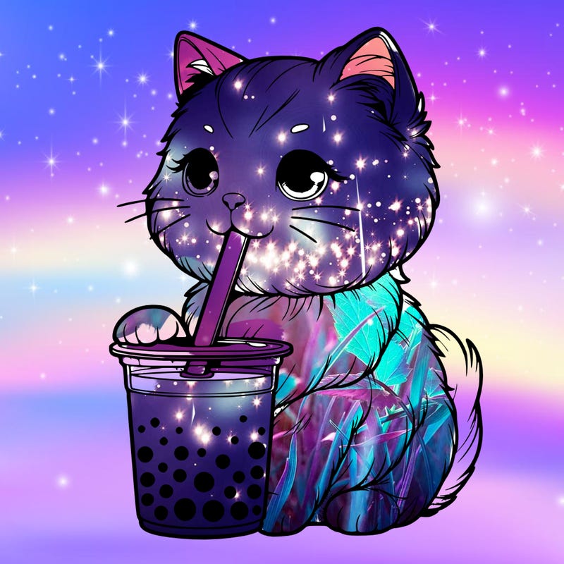 a realistic cat drinks a realistic boba tea