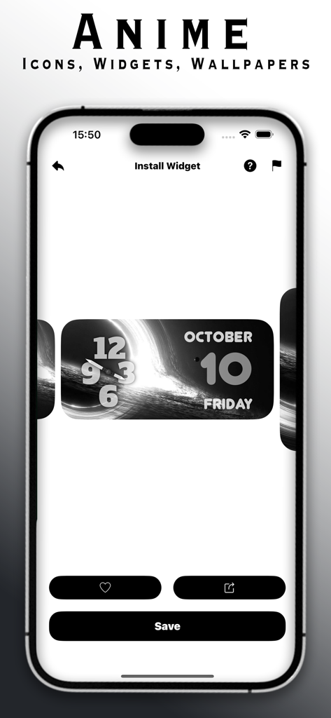 Anime Theme: Icons, Widgets - A preview of an aesthetic black and white clock and calendar widget within the Anime Theme app interface