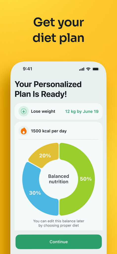 AI Calorie Tracker ・ Counter - Una pantalla de plan de dieta personalizado que muestra un objetivo de pérdida de peso y un gráfico de distribución de macronutrientes.
